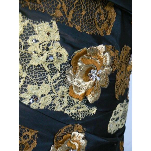 $250 Shireen Black Satin Gold Floral Lace Applique Sheath Dress S 4 6 NEW S412 - Picture 5 of 8